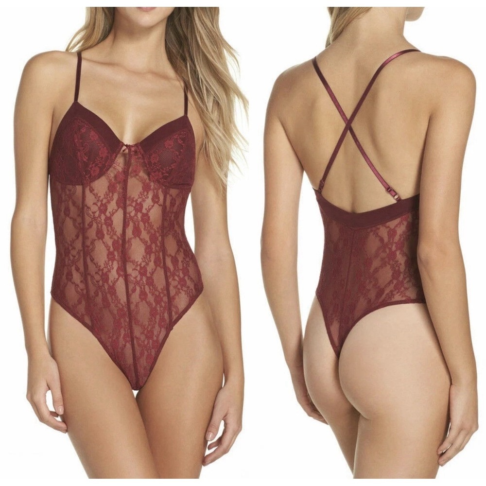 FREE PEOPLE Intimately Runaway Lace THONG BODYSUIT M Medium Raspberry Sexy NWT - Picture 1 of 7